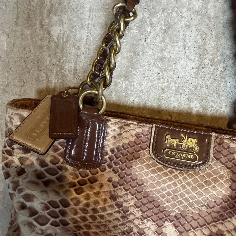 Rare 00's Coach Python Snake Print Tote Brown Leather Gold Chain Bag 20482